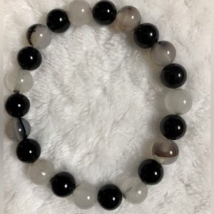 Obsidian and Flower Agate Crystal Gem Bead Bracelet
